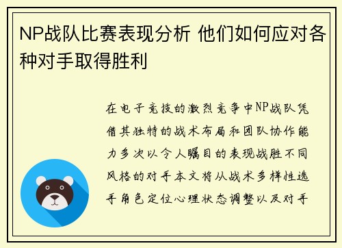 NP战队比赛表现分析 他们如何应对各种对手取得胜利