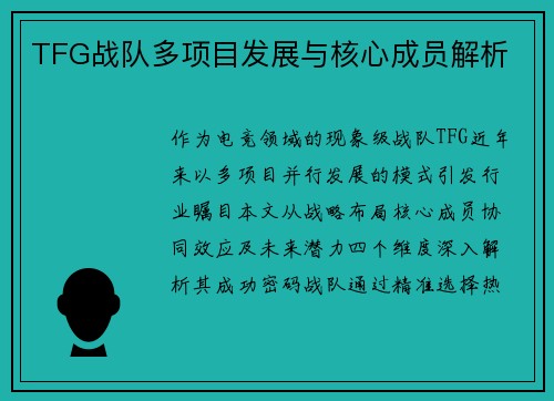 TFG战队多项目发展与核心成员解析