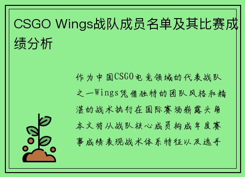 CSGO Wings战队成员名单及其比赛成绩分析